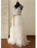 Sheer Lace Ruffle Tulle Long Prom Dress
